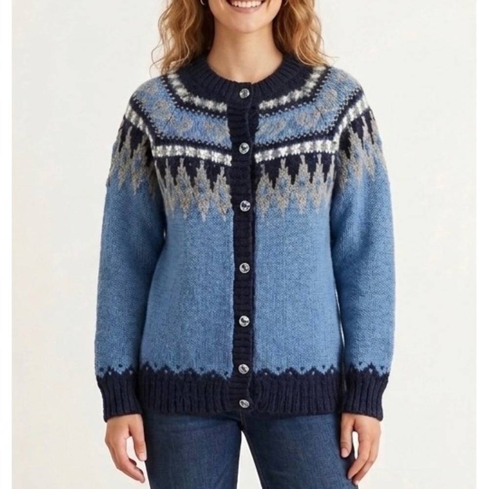 Alpaca Connection Cardigan Sweater Fair Isle Alpaca Blend Blue Medium